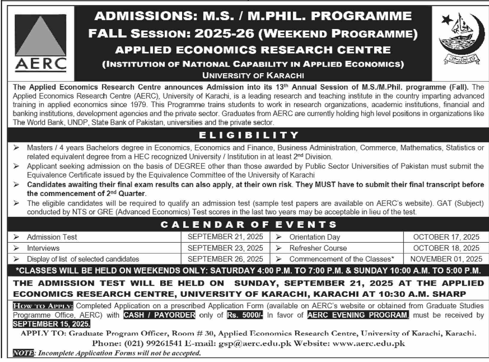 Admission Open in The Applied Economics Research Centre Karachi